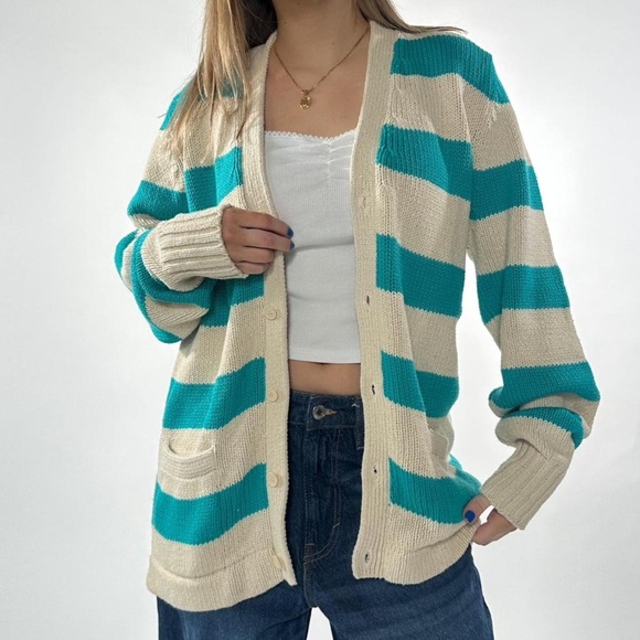 Vintage Striped Cardigan Preppy Medium Teal & Cream - Picture 5 of 5